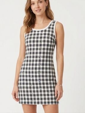 Vintage 90s Enchante Collection Black White Plaid Floral Embroidered Mini Dress